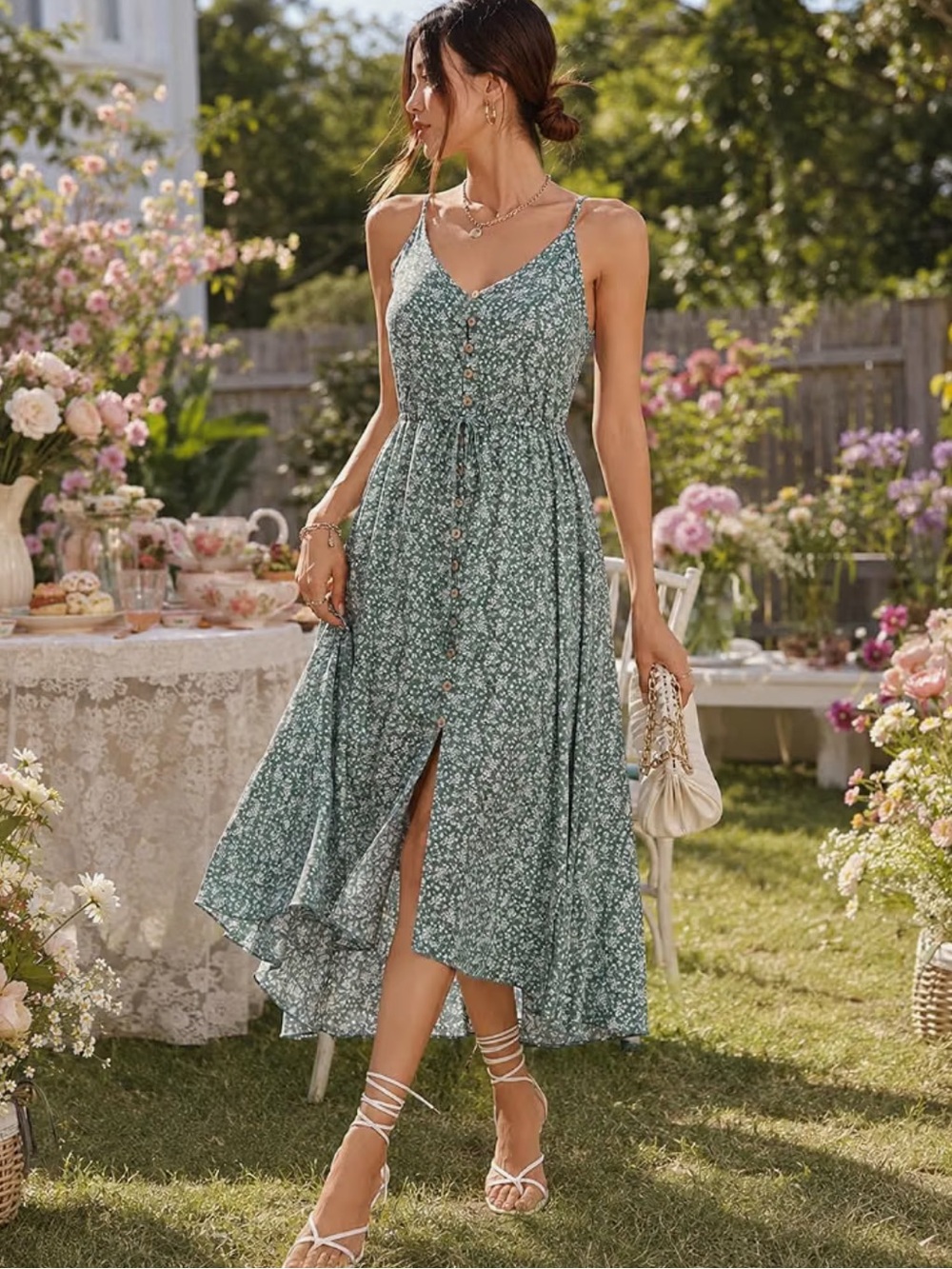 Green Floral Spaghetti- Strap Midi Dress